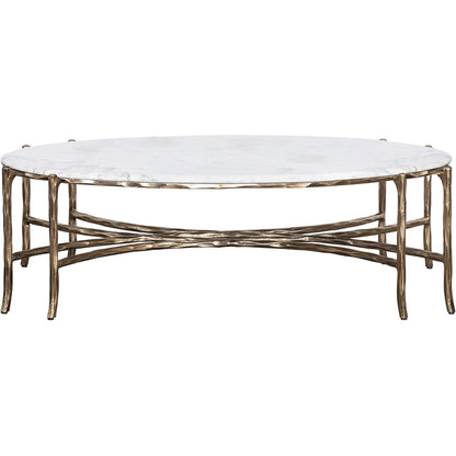 Monier Cocktail Table by Fairfield Chair in antique gold and antique gold. Made from faux, bois metal, calcutta stone in a unique style.