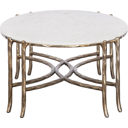 Monier Cocktail Table by Fairfield Chair in antique gold and antique gold. Made from faux, bois metal, calcutta stone in a unique style.