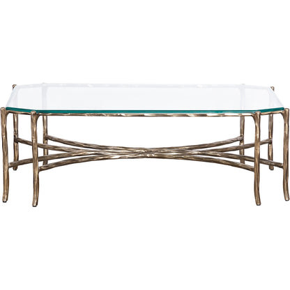 Monier Cocktail Table by Fairfield Chair in antique gold and antique gold. Made from faux, bois metal, glass top in a unique style.
