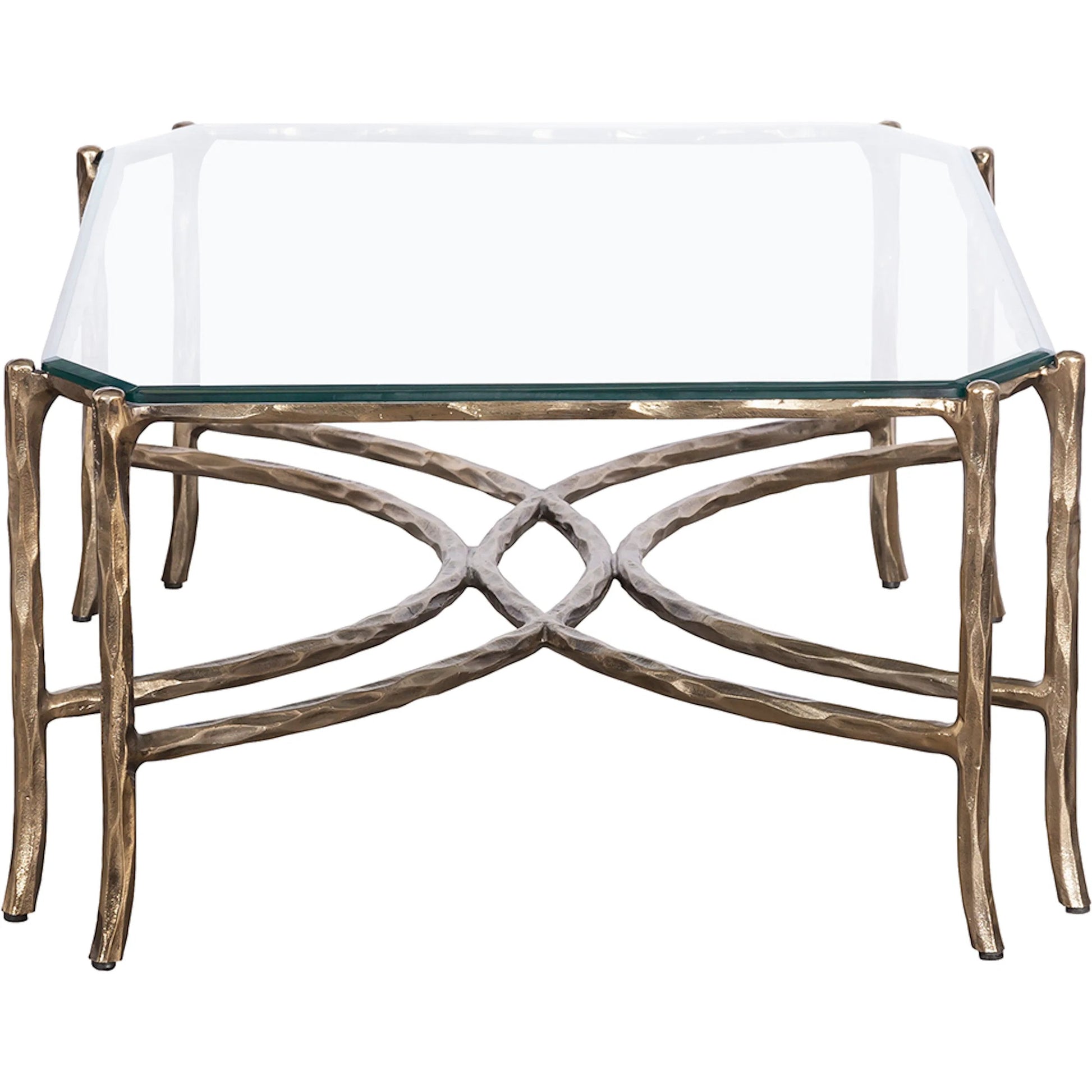 Monier Cocktail Table by Fairfield Chair in antique gold and antique gold. Made from faux, bois metal, glass top in a unique style.