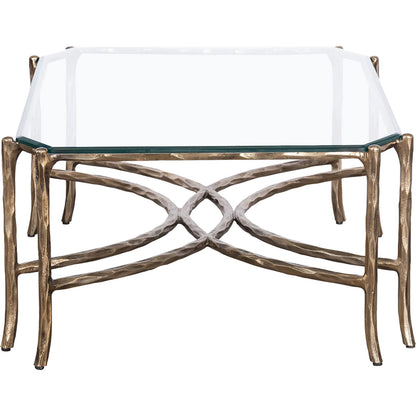 Monier Cocktail Table by Fairfield Chair in antique gold and antique gold. Made from faux, bois metal, glass top in a unique style.