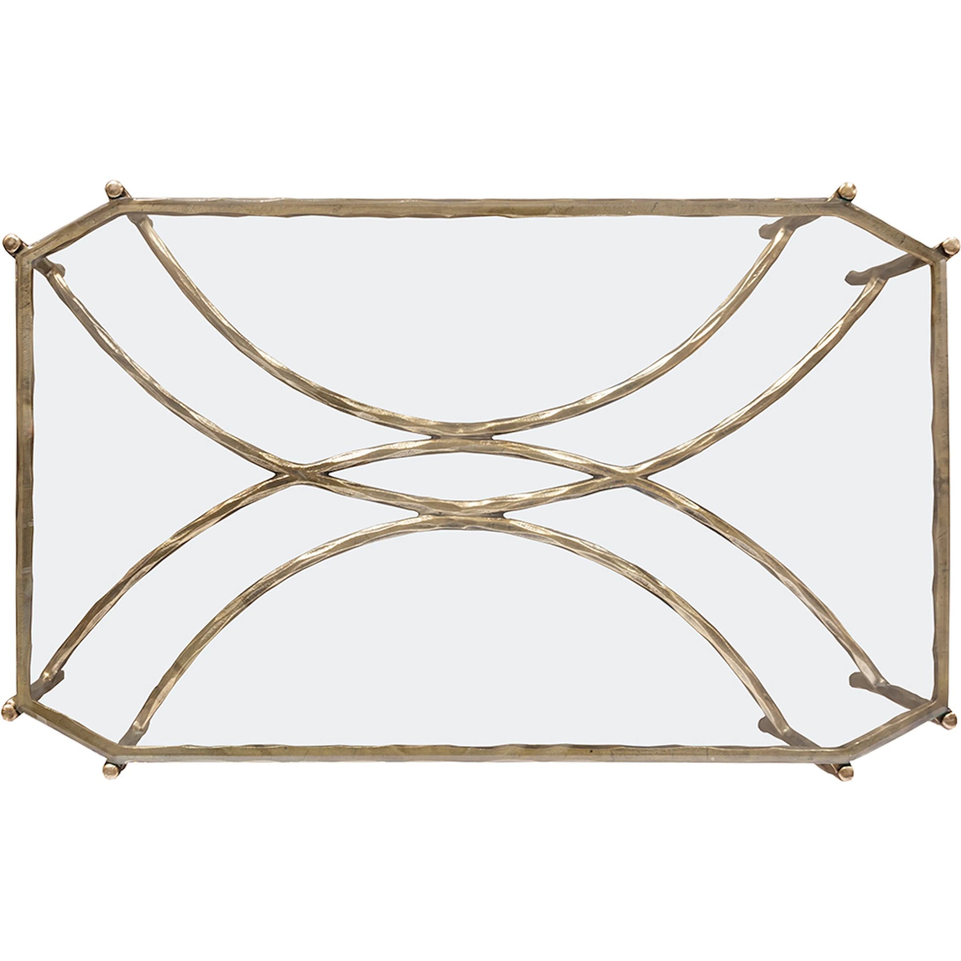 Monier Cocktail Table by Fairfield Chair in antique gold and antique gold. Made from faux, bois metal, glass top in a unique style.