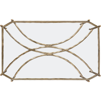 Monier Cocktail Table by Fairfield Chair in antique gold and antique gold. Made from faux, bois metal, glass top in a unique style.