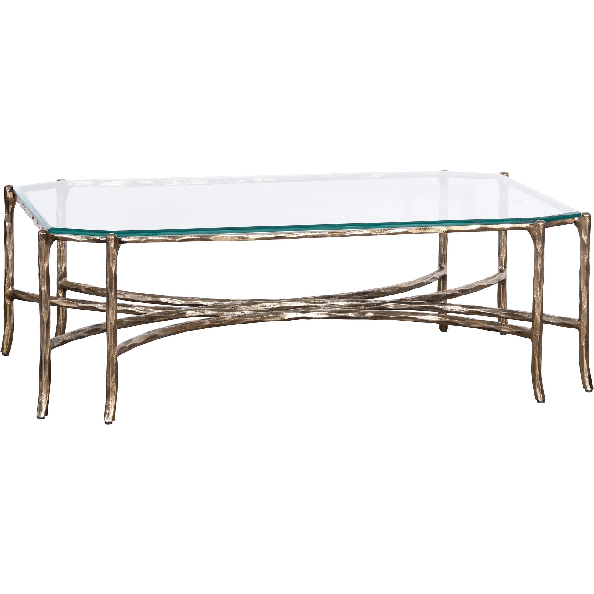 Monier Cocktail Table by Fairfield Chair in antique gold and antique gold. Made from faux, bois metal, glass top in a unique style.