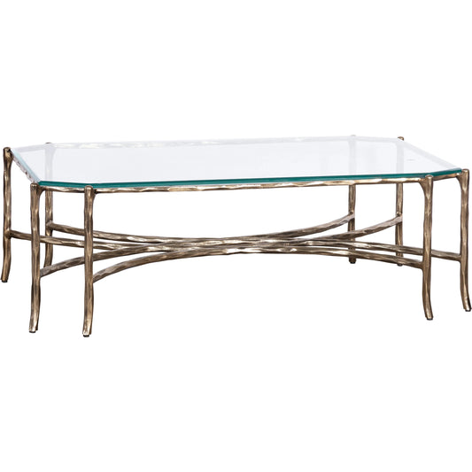 Monier Cocktail Table by Fairfield Chair in antique gold and antique gold. Made from faux, bois metal, glass top in a unique style.