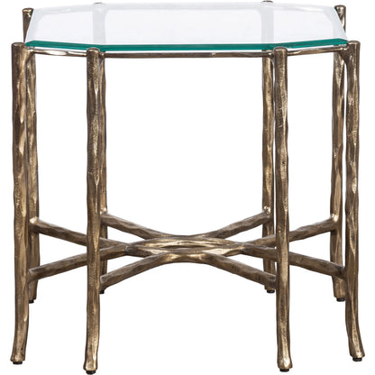Monier End Table by Fairfield Chair in antique gold and antique gold. Made from faux, bois metal, glass top in a unique style.
