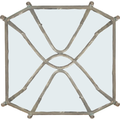 Monier End Table by Fairfield Chair in antique gold and antique gold. Made from faux, bois metal, glass top in a unique style.
