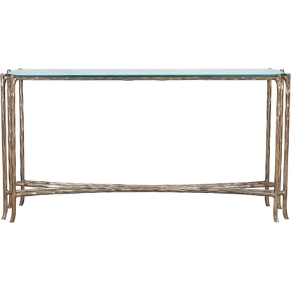 Monier Hall Console Table by Fairfield Chair in antique gold and antique gold. Made from faux, bois metal, glass top in a unique style.