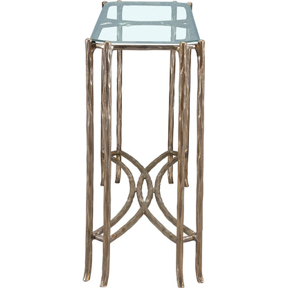 Monier Hall Console Table by Fairfield Chair in antique gold and antique gold. Made from faux, bois metal, glass top in a unique style.