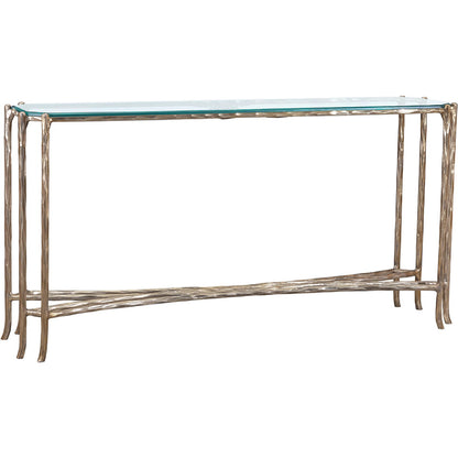 Monier Hall Console Table by Fairfield Chair in antique gold and antique gold. Made from faux, bois metal, glass top in a unique style.