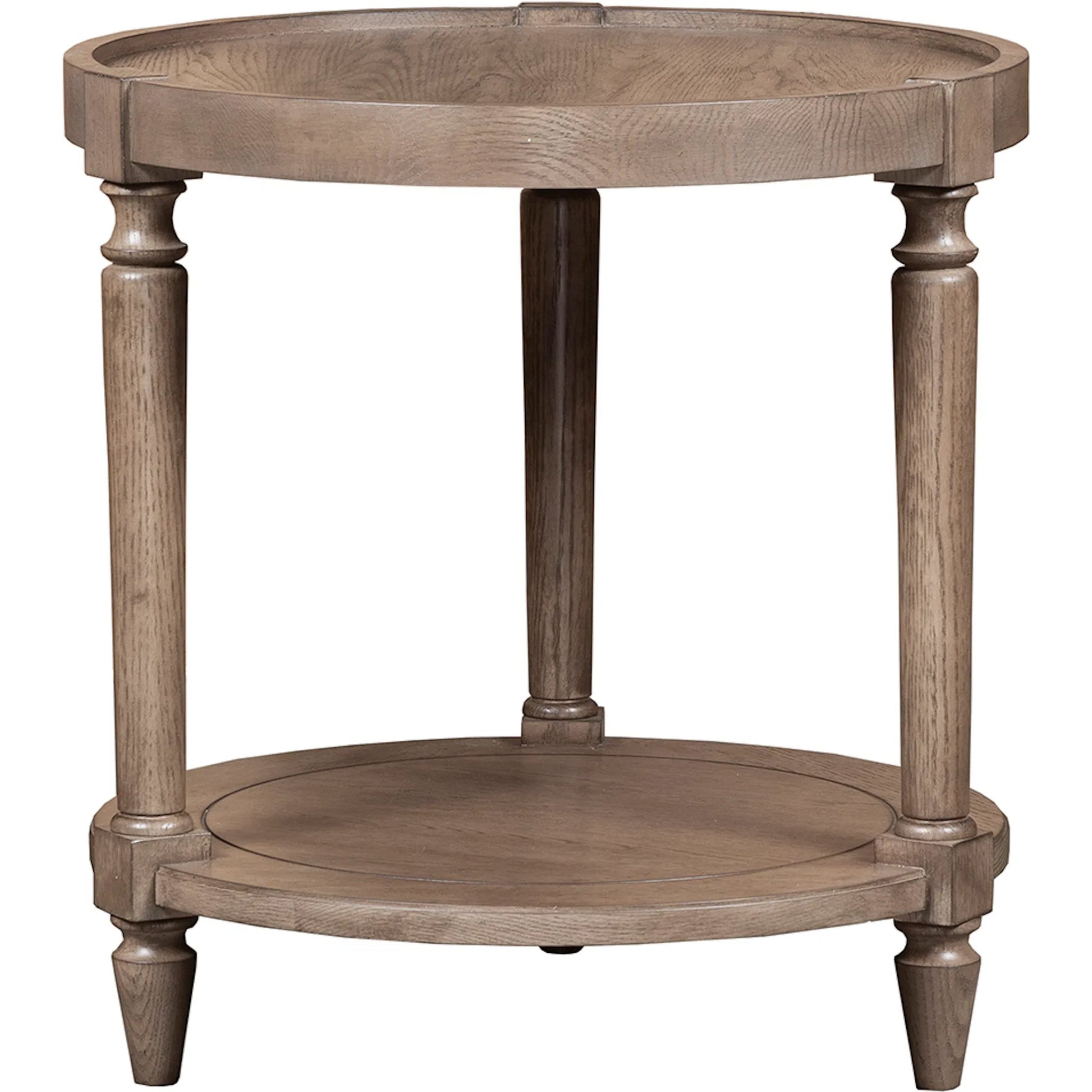 Cheneais Round Lamp Table by Fairfield Chair in brown and french oak. Made from select red oak solids, veneers in a unique style.