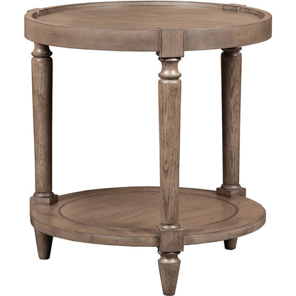 Cheneais Round Lamp Table by Fairfield Chair in brown and french oak. Made from select red oak solids, veneers in a unique style.