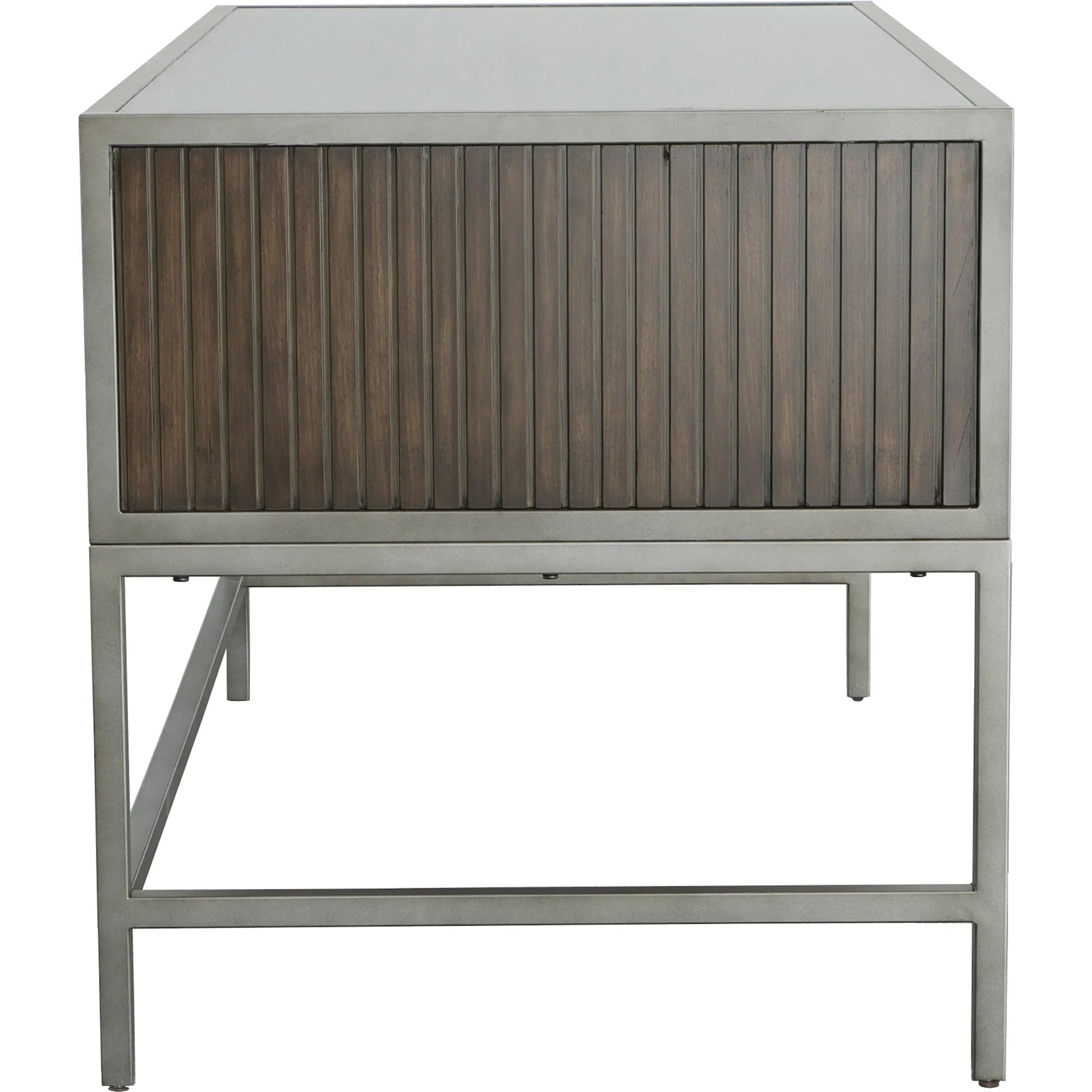West Camden Writing Desk by Fairfield Chair in brown and tahitian pearl. Made from metal, tulip wood solids, walnut veneers in a modern style.