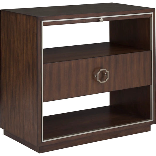West Camden Nightstand by Fairfield Chair in brown and tahitian pearl. Made from metal, tulip wood solids, walnut veneers in a transitional style.