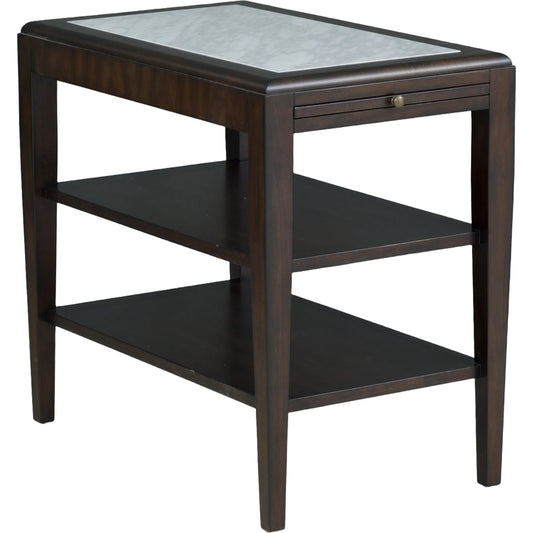 West Camden Rectangle End Table by Fairfield Chair in brown and tahitian pearl. Made from tulip wood solids, walnut veneers in a transitional style.