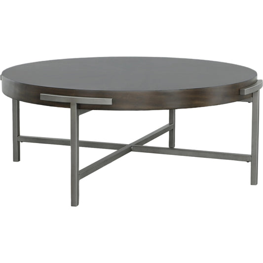 West Camden Round Cocktail Table by Fairfield Chair in brown and tahitian pearl. Made from metal, tulip wood solids, walnut veneers in a modern style.