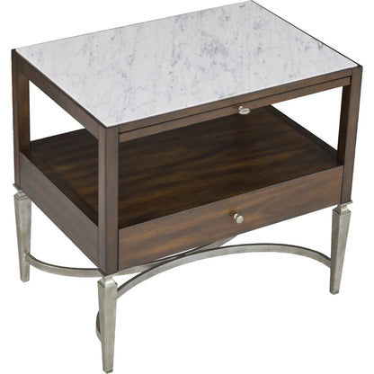 West Camden Nightstand by Fairfield Chair in brown and tahitian pearl. Made from metal, tulip wood solids, walnut veneers in a modern style.