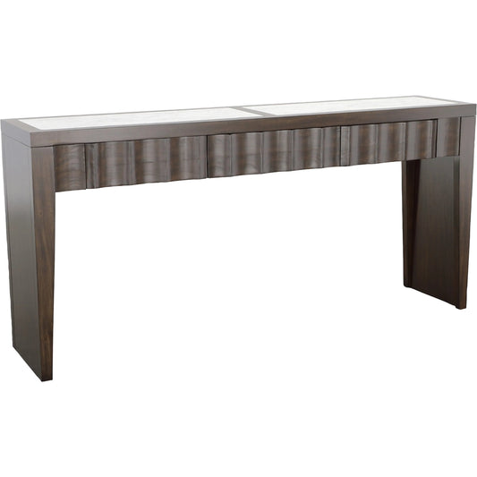 West Camden 3-Drawer Console by Fairfield Chair in brown and tahitian pearl. Made from tulip wood solids, walnut veneers, stone in a modern style.