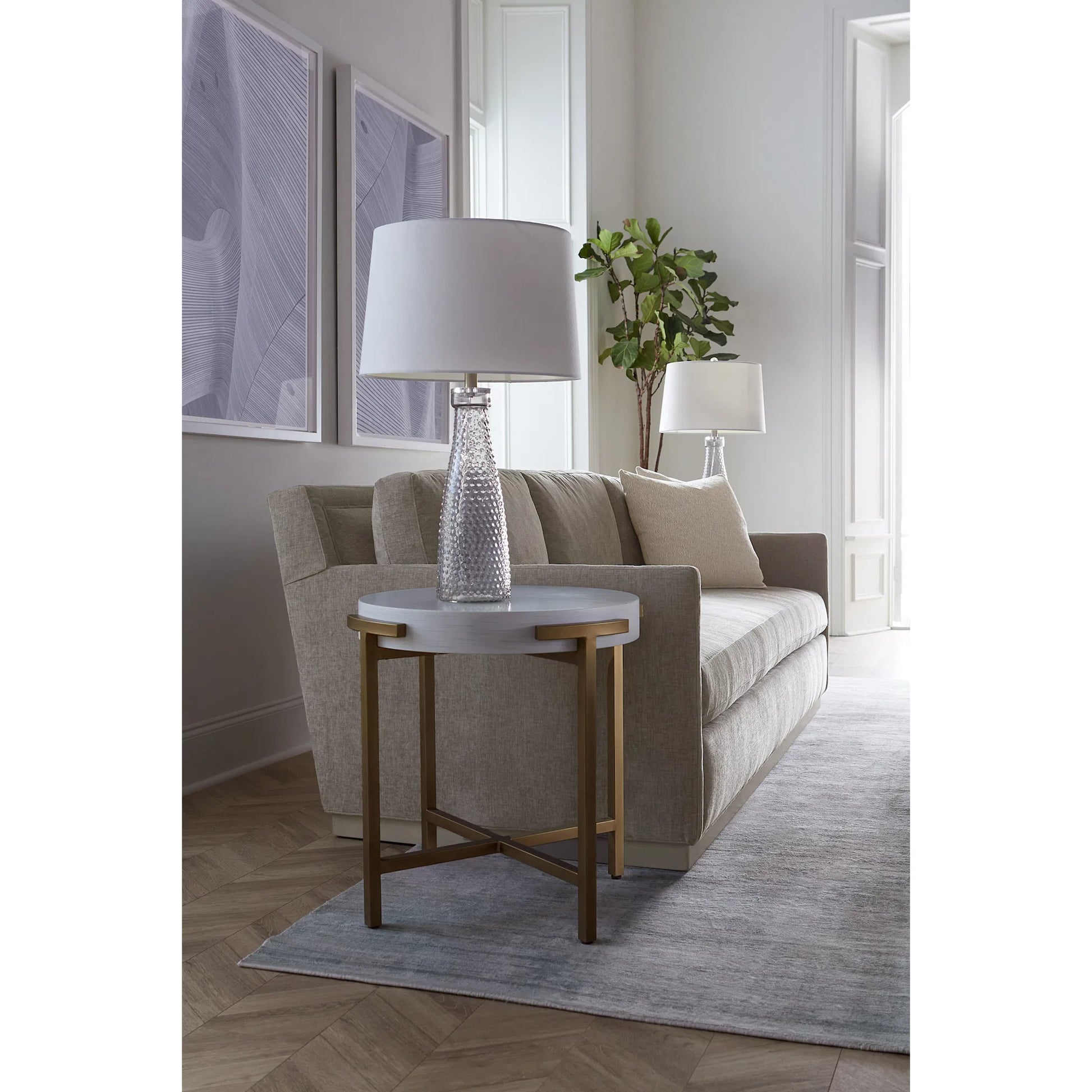 East Camden Round End Table by Fairfield Chair in white and pearl. Made from metal, poplar solids, veneers in a unique style.