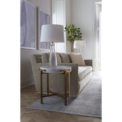 East Camden Round End Table by Fairfield Chair in white and pearl. Made from metal, poplar solids, veneers in a unique style.
