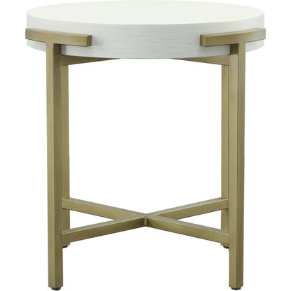 East Camden Round End Table by Fairfield Chair in white and pearl. Made from metal, poplar solids, veneers in a unique style.