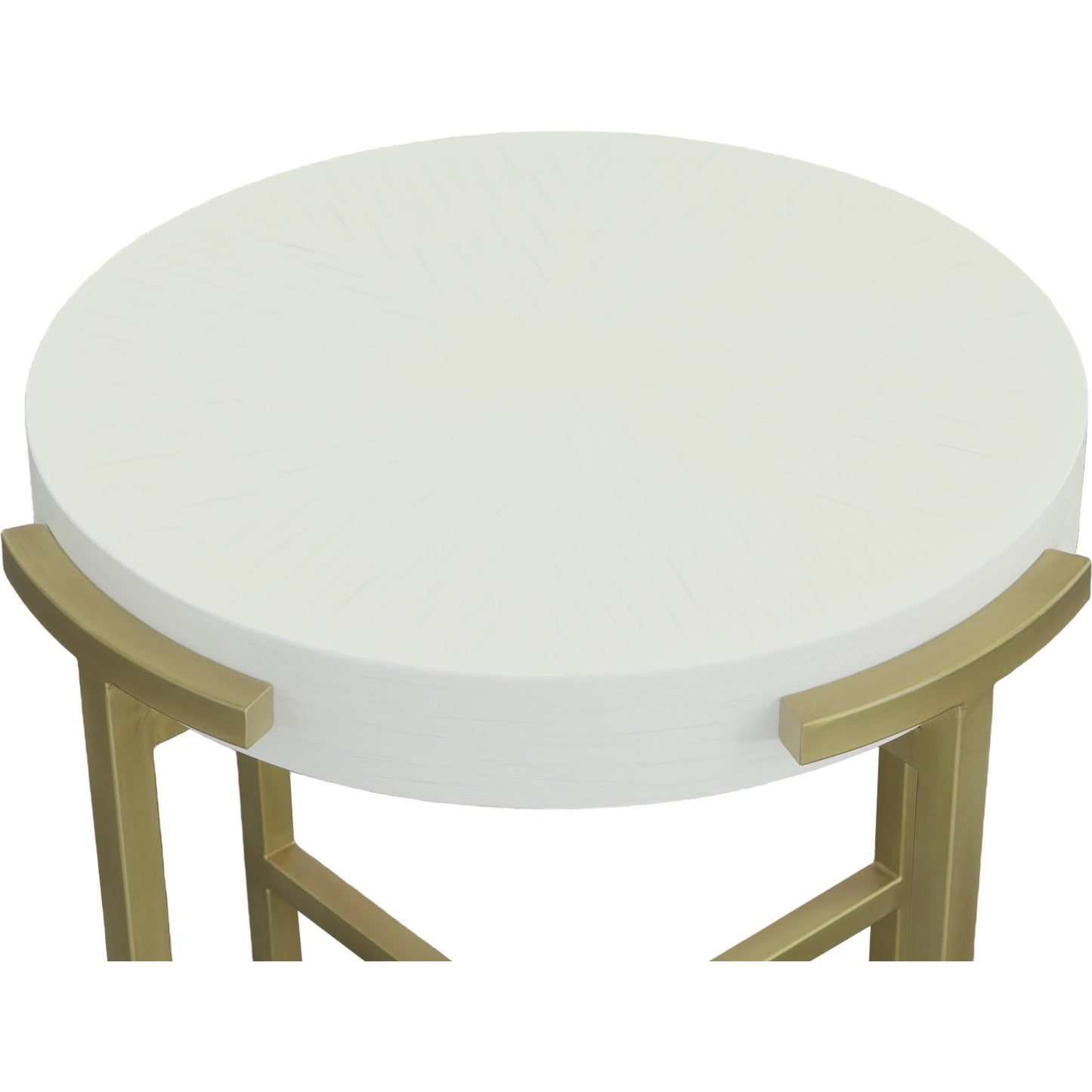 007 SI-2635880 | Closeup | East Camden Round End Table by Fairfield Chair in white and pearl. Made from metal, poplar solids, veneers in a unique style.