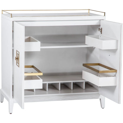 East Camden Bar Cabinet by Fairfield Chair in white and pearl. Made from poplar solids, veneers in a unique style.