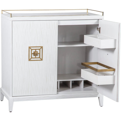 East Camden Bar Cabinet by Fairfield Chair in white and pearl. Made from poplar solids, veneers in a unique style.