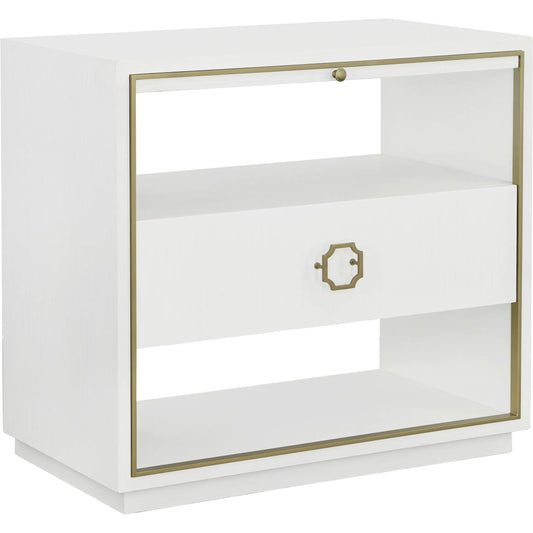 East Camden Nightstand by Fairfield Chair in white and pearl. Made from metal accents, poplar solids, veneers in a unique style.