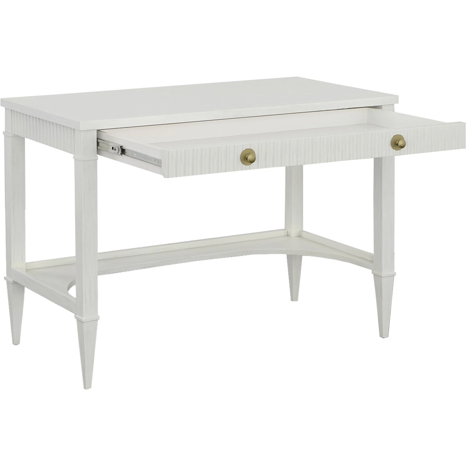 East Camden Desk by Fairfield Chair in white and pearl. Made from metal accents, poplar solids, veneers in a unique style.