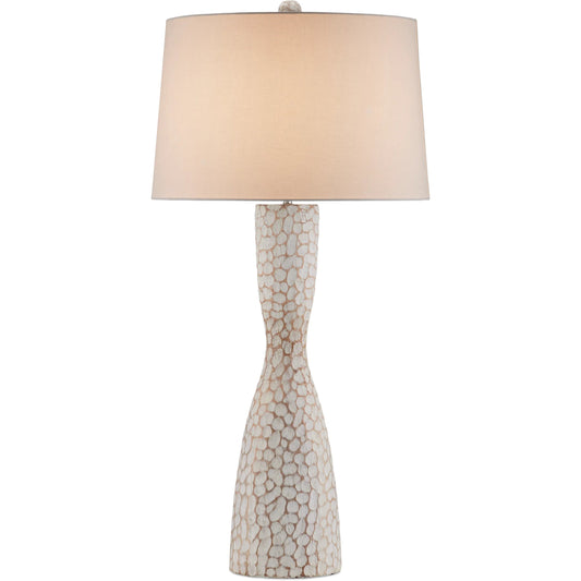 Edwell Table Lamp by Currey and Company in whitewash. Made from wood in a unique style.