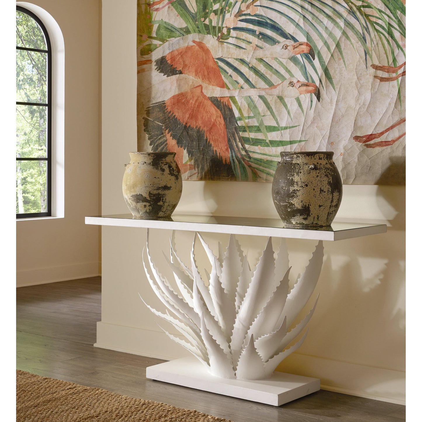 013 SI-2007651 | Lifestyle | Agave Console Table by Currey and Company in gesso white, mirror. Made from wrought iron, glass in a modern style.