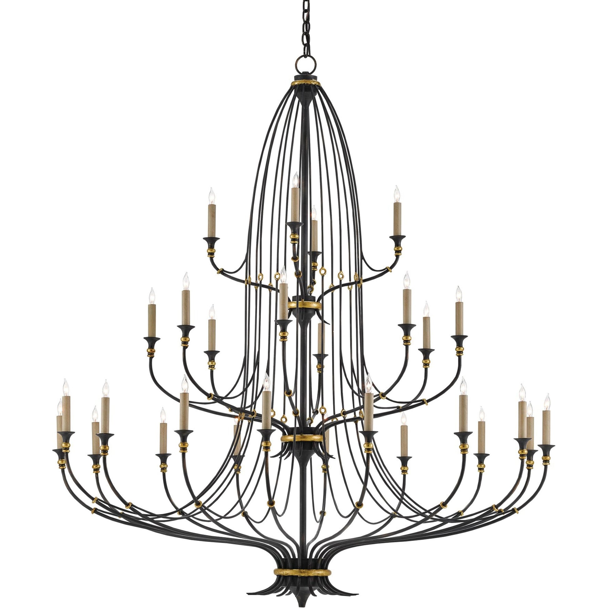 Folgate Chandelier by Currey and Company in french black, gold leaf accents. Made from wrought iron in a traditional style.