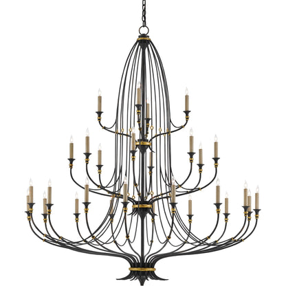 Folgate Chandelier by Currey and Company in french black, gold leaf accents. Made from wrought iron in a traditional style.