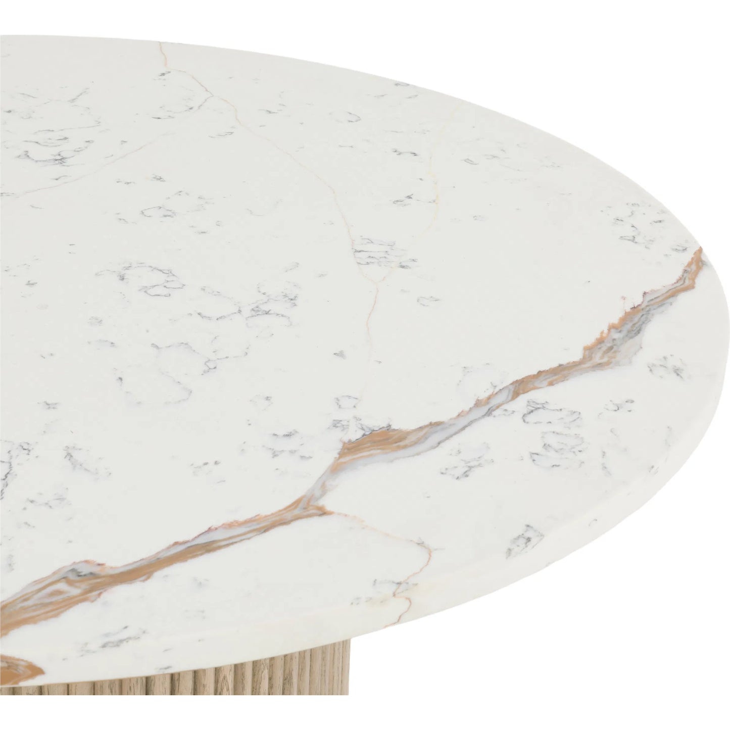 003 SI-2635923 | Closeup | Everett Round Dining Table by Fairfield Chair in brown and biscotti. Made from red oak solids, veneers, faux marble in a unique style.