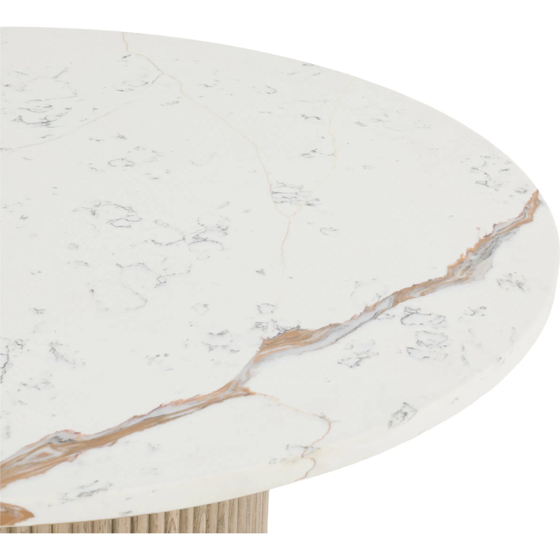 Everett Round Dining Table by Fairfield Chair in brown and biscotti. Made from red oak solids, veneers, faux marble in a unique style.