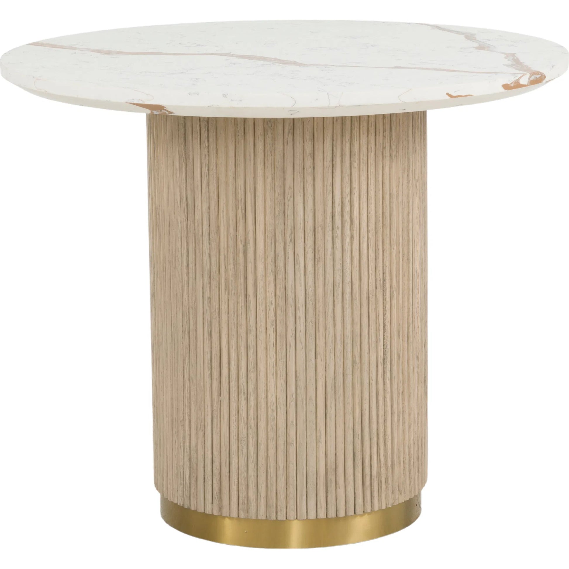 Everett Round Dining Table by Fairfield Chair in brown and biscotti. Made from red oak solids, veneers, faux marble in a unique style.