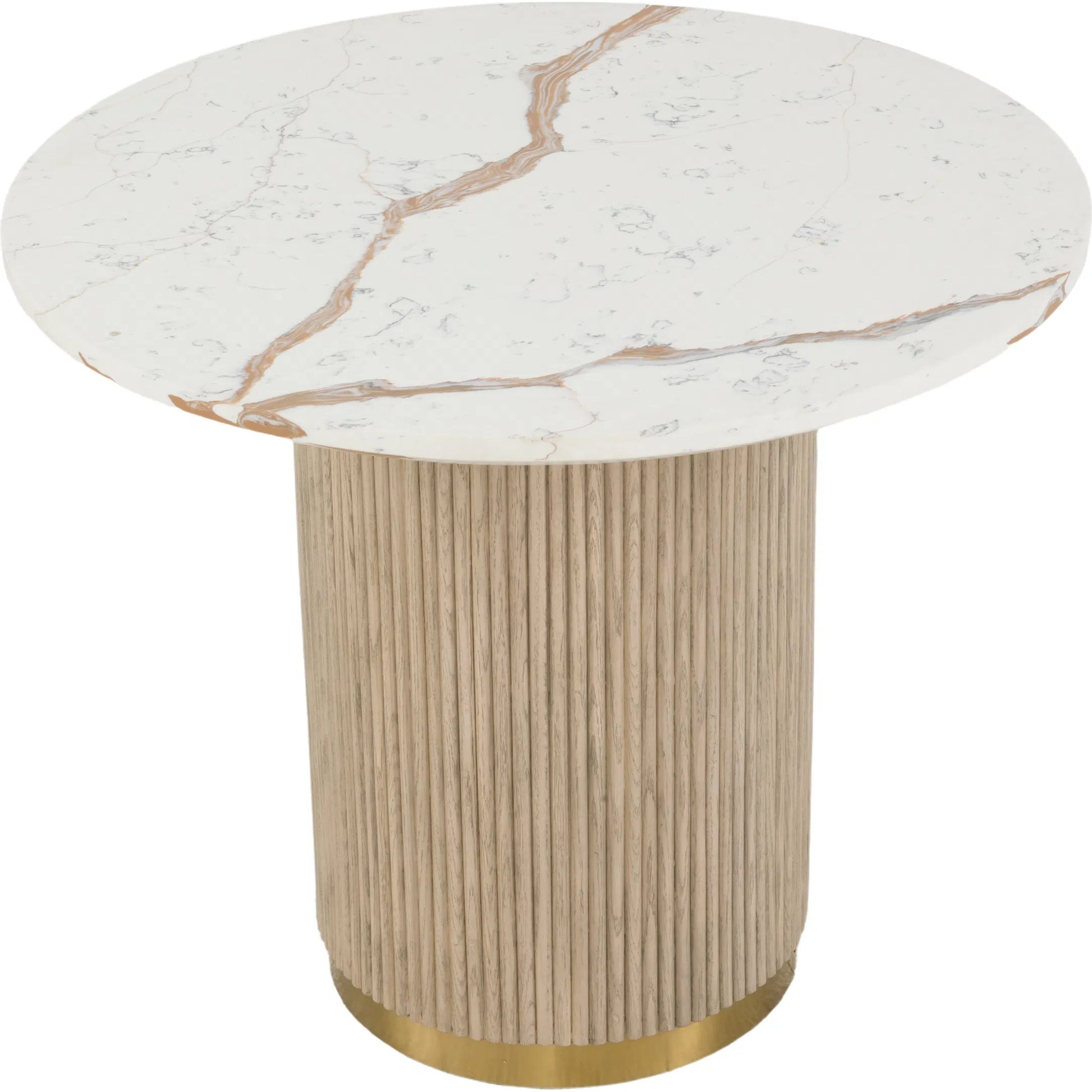 Everett Round Dining Table by Fairfield Chair in brown and biscotti. Made from red oak solids, veneers, faux marble in a unique style.