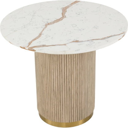 Everett Round Dining Table by Fairfield Chair in brown and biscotti. Made from red oak solids, veneers, faux marble in a unique style.