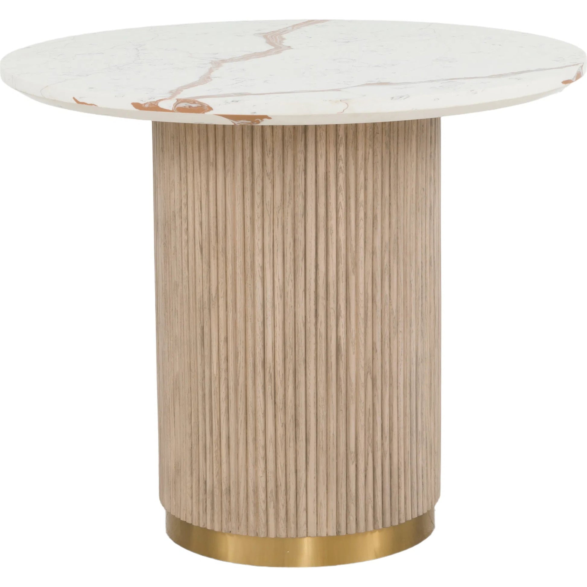 Everett Round Dining Table by Fairfield Chair in brown and biscotti. Made from red oak solids, veneers, faux marble in a unique style.