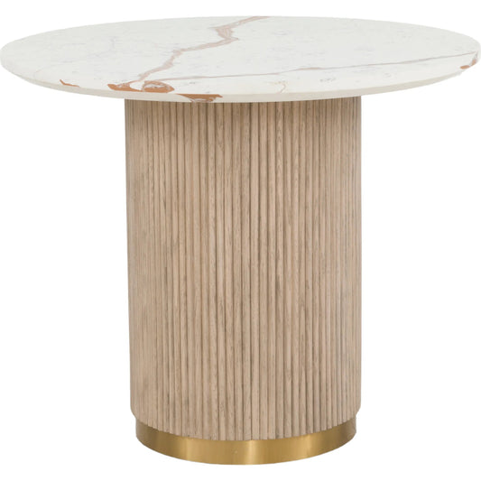Everett Round Dining Table by Fairfield Chair in brown and biscotti. Made from red oak solids, veneers, faux marble in a unique style.