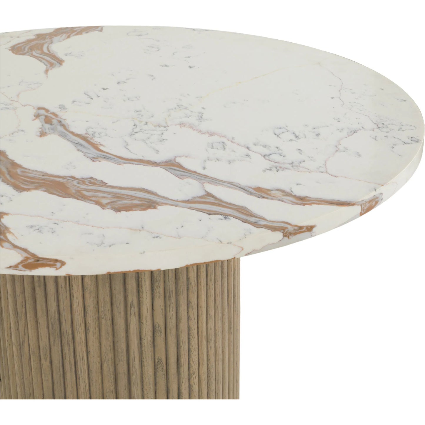 003 SI-2635924 | Closeup | Everett Cafe Table by Fairfield Chair in brown and biscotti. Made from red oak solids, veneers, faux marble in a unique style.