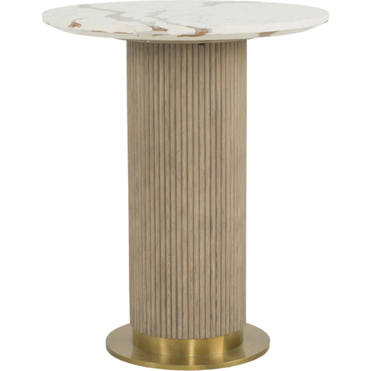 Everett Cafe Table by Fairfield Chair in brown and biscotti. Made from red oak solids, veneers, faux marble in a unique style.