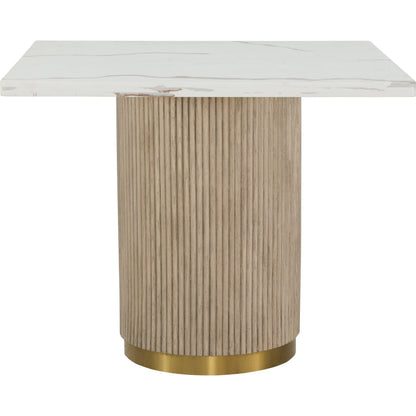 Everett Square Dining Table by Fairfield Chair in brown and biscotti. Made from red oak solids, veneers, faux marble in a unique style.