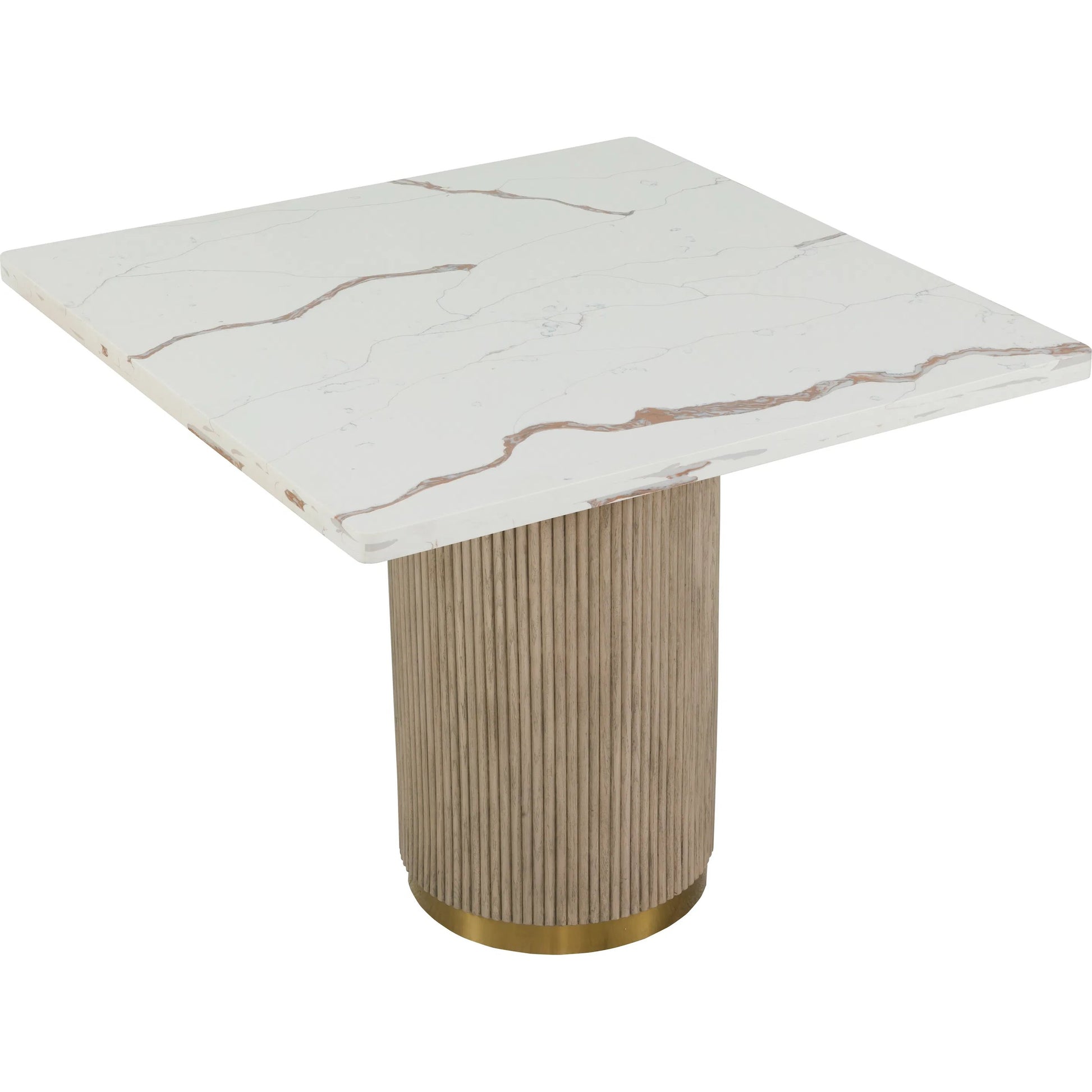 Everett Square Dining Table by Fairfield Chair in brown and biscotti. Made from red oak solids, veneers, faux marble in a unique style.