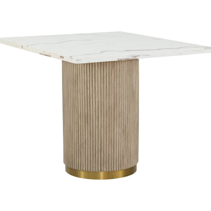 Everett Square Dining Table by Fairfield Chair in brown and biscotti. Made from red oak solids, veneers, faux marble in a unique style.