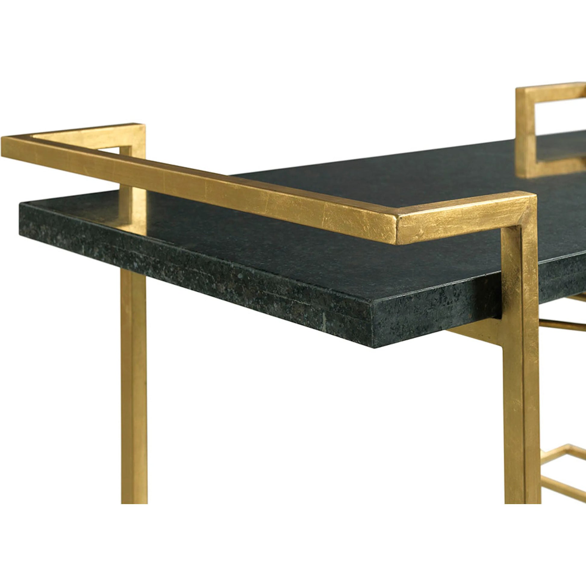 Origins Bar Cart by Fairfield Chair in gold and gold leaf. Made from mango solids in a unique style.