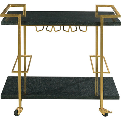 Origins Bar Cart by Fairfield Chair in gold and gold leaf. Made from mango solids in a unique style.