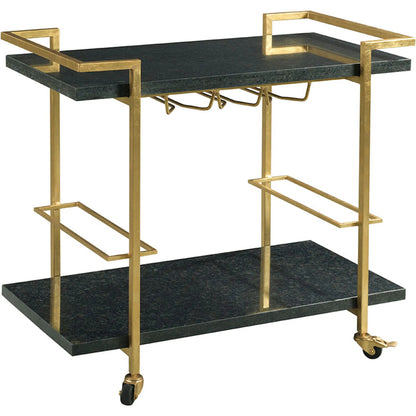 Origins Bar Cart by Fairfield Chair in gold and gold leaf. Made from mango solids in a unique style.