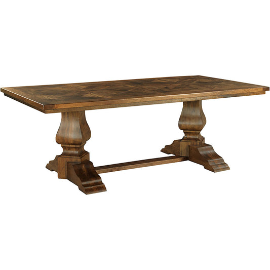 St. Florian Double Pedestal Dining Table by Fairfield Chair in brown and charred ecru. Made from mango solids in a traditional style.